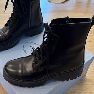 Prada Black Leather Lace-Up Moto Boots